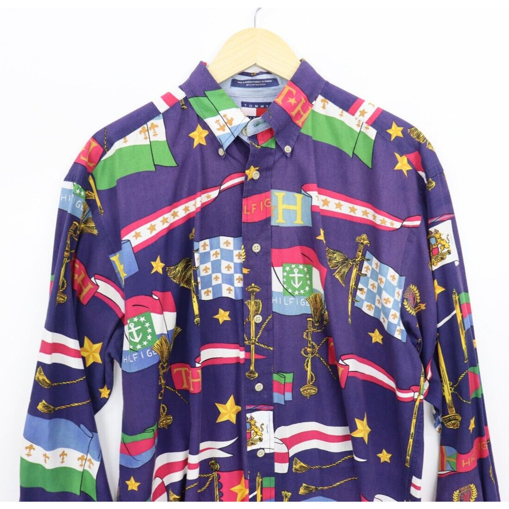 Vintage 90s Tommy Hilfiger Shirt Mens Medium All Over Flag Print Long Sleeve - Picture 2 of 8
